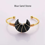 Gold Plated Brass Rainbow Gemstone Crescent Moon Wire Wrap Bangle Bracelet Handmade Boho Jewelry WX2074