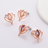 Rose Gold Marquise Moonstone Crystal Lotus Flower Stud Earrings S925 Sterling Silver Studs, Healing Jewelry Earrings SS219RR