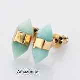 Gold Plated Hexagon Point Natural Gemstone Stud Earrings, Birthstone Earrings, Healing Crystal Stone Post Earrings, Wholesale Supply G2092