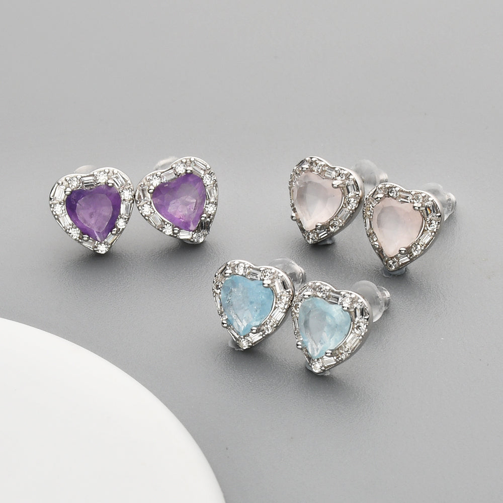 S925 Sterling Silver CZ Heart Gemstone Stud Earrings, Dainty Earrings, Healing Crystal Amethyst Aquamarine Rose Quartz Moonstone Jewelry SS214 birthstone earrings