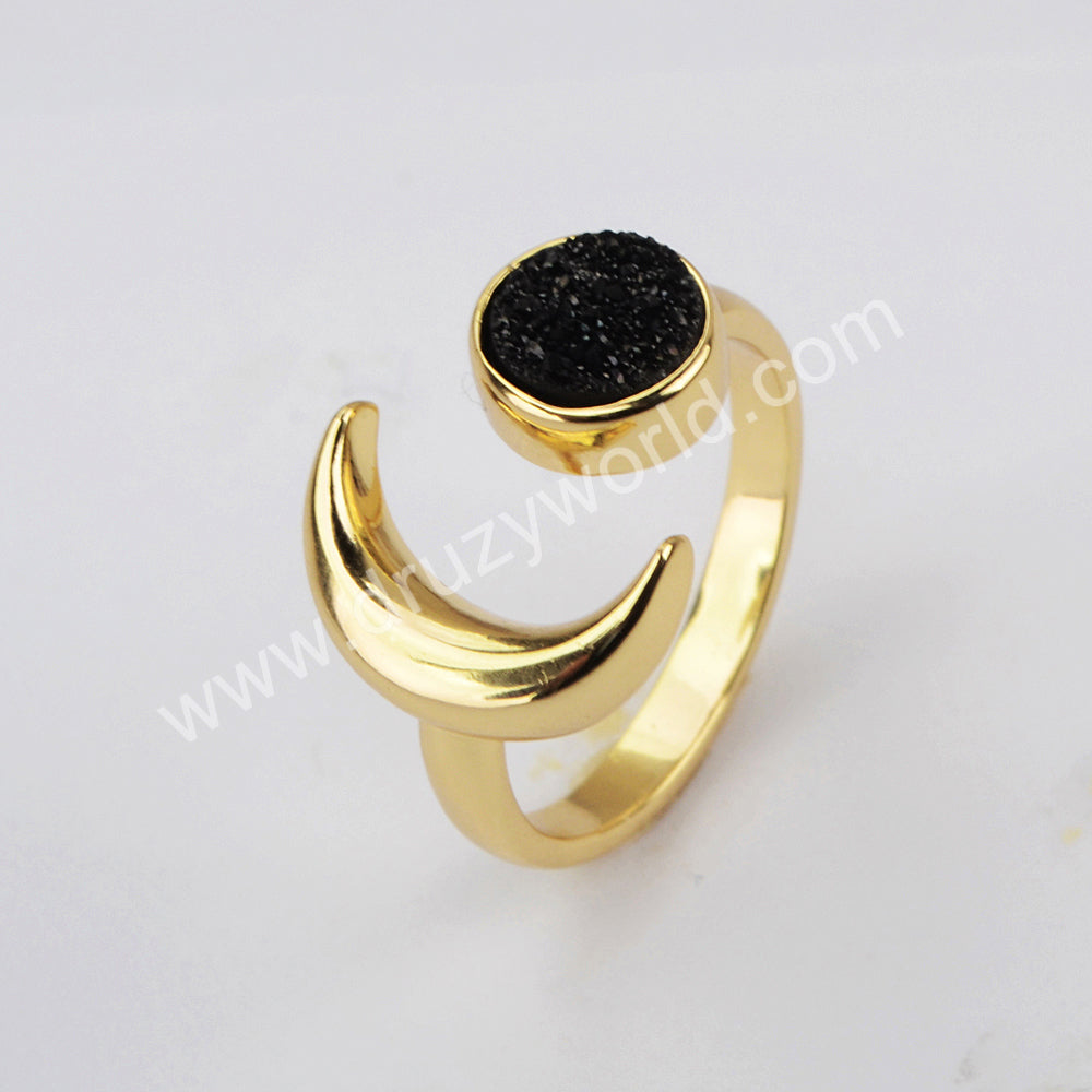 Gold Plated Moon Natural Agate Titanium Druzy Open Ring For Women ZG0438