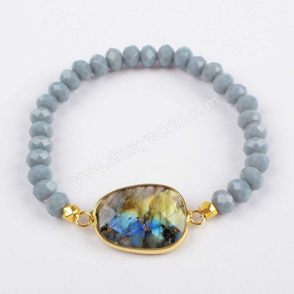 Gold Plated Labradorite Amazonite Lapis Lazuli Faceted Bracelet, 6mm Glass Crystal Beads G1406