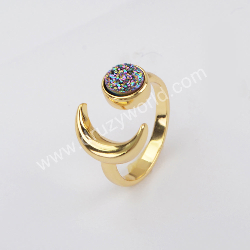 Gold Plated Moon Natural Agate Titanium Druzy Open Ring For Women ZG0438