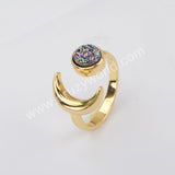 Gold Plated Moon Natural Agate Titanium Druzy Open Ring For Women ZG0438
