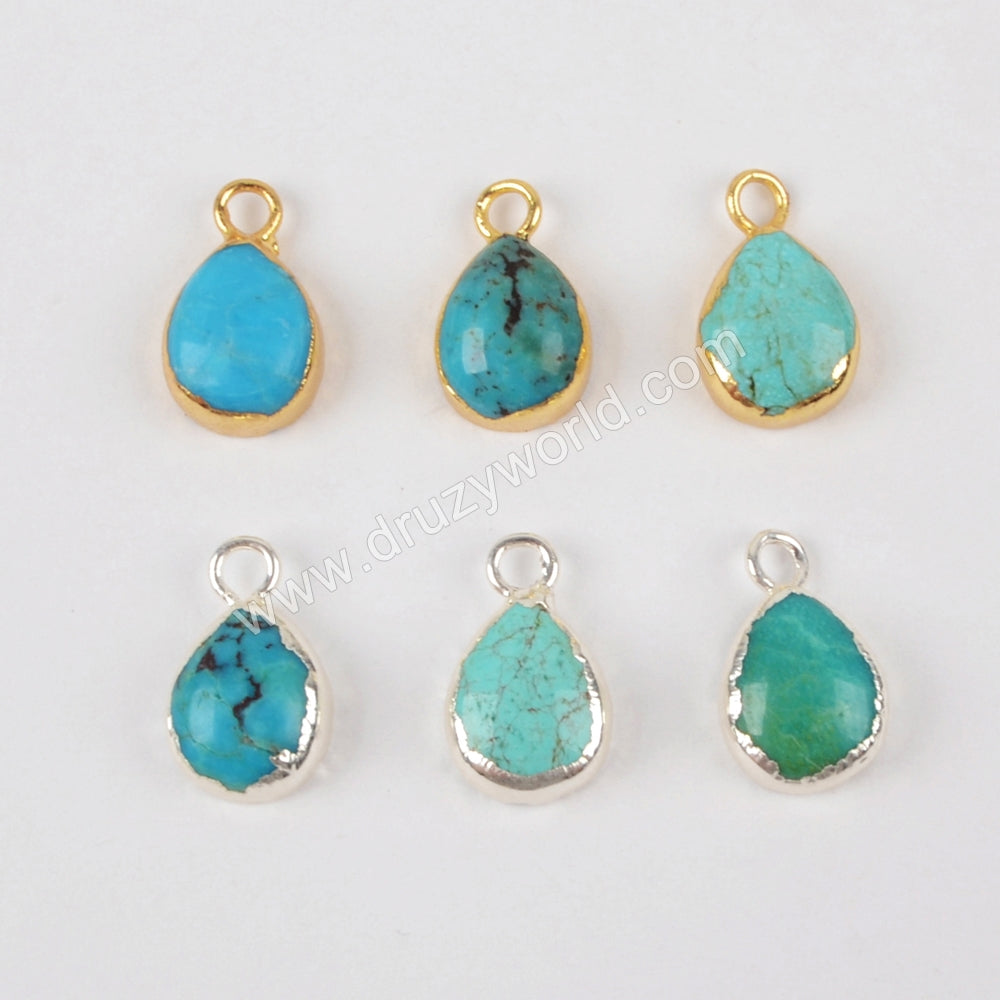 Gold Plated Small Teardrop Natural Turquoise Charm Pendant, For Jewelry Making G1371