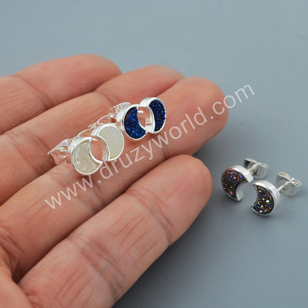 Silver Plated Bezel Crescent Moon Natural Titanium Druzy Studs Earrings ZS0282