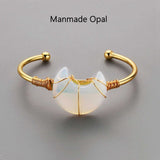 Gold Plated Brass Rainbow Gemstone Crescent Moon Wire Wrap Bangle Bracelet Handmade Boho Jewelry WX2074