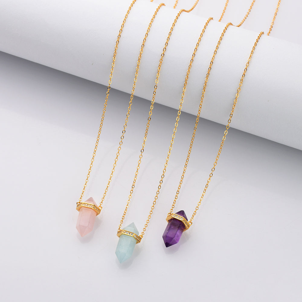 15" S925 Sterling Silver Gold Plated Rainbow Gemstone Hexagon Point CZ Micro Pave Necklace, Amethyst Aquamarine Moonstone Dainty Jewelry SS225