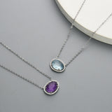 15" S925 Sterling Silver Prong Faceted Aquamarine Moonstone Crystal Necklace, CZ Micro Pave, Gemstone Dainty Jewelry Necklace SS228NS
