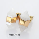Gold Plated Hexagon Point Natural Gemstone Stud Earrings, Birthstone Earrings, Healing Crystal Stone Post Earrings, Wholesale Supply G2092