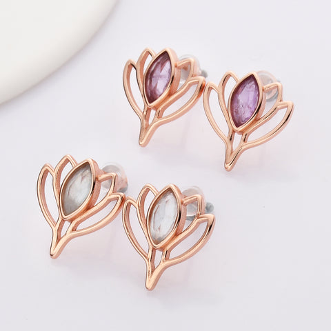 Rose Gold Marquise Moonstone Crystal Lotus Flower Stud Earrings S925 Sterling Silver Studs, Healing Jewelry Earrings SS219RR