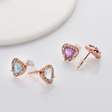 Rose Gold - S925 Sterling Silver CZ Heart Gemstone Stud Earrings, Healing Crystal Jewelry, Dainty Earrings SS213RR