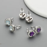 S925 Sterling Silver Round Gemstone Crystal CZ Micro Pave Stud Earrings, Dainty Jewelry SS216ES