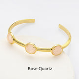 Gold Plated Brass 3-Round-Gemstone Faceted Bangle, Healing Crystal Quartz Cuff Bracelet  ZG0493