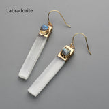 Gold Plated Rectangle Natural Selenite Crystal Earrings, Pave Raw Gemstone Chips, Healing Jewelry, Boho Earrings G2091