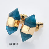 Gold Plated Hexagon Point Natural Gemstone Stud Earrings, Birthstone Earrings, Healing Crystal Stone Post Earrings, Wholesale Supply G2092