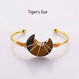 Gold Plated Brass Rainbow Gemstone Crescent Moon Wire Wrap Bangle Bracelet Handmade Boho Jewelry WX2074