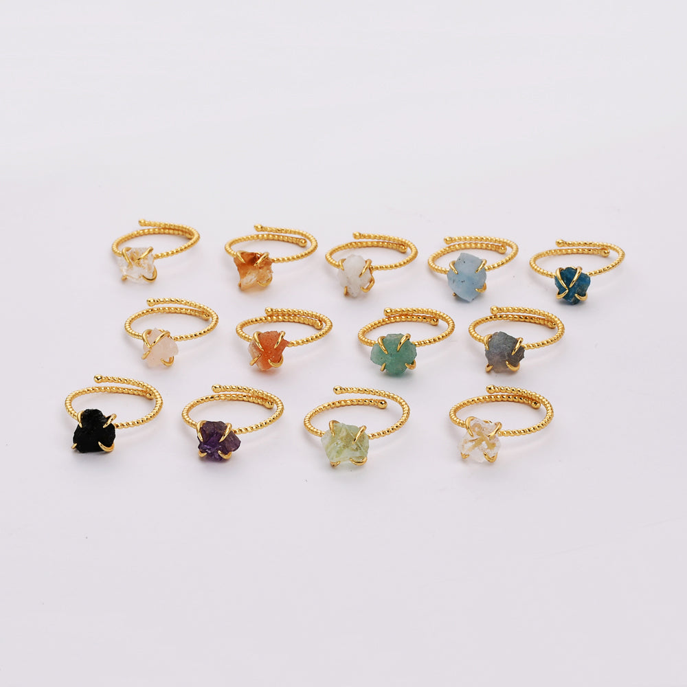 S925 Sterling Silver Claw Gold Plated Rainbow Raw Gemstone Ring, Healing Crystal Stone Ring, Adjustable SS205