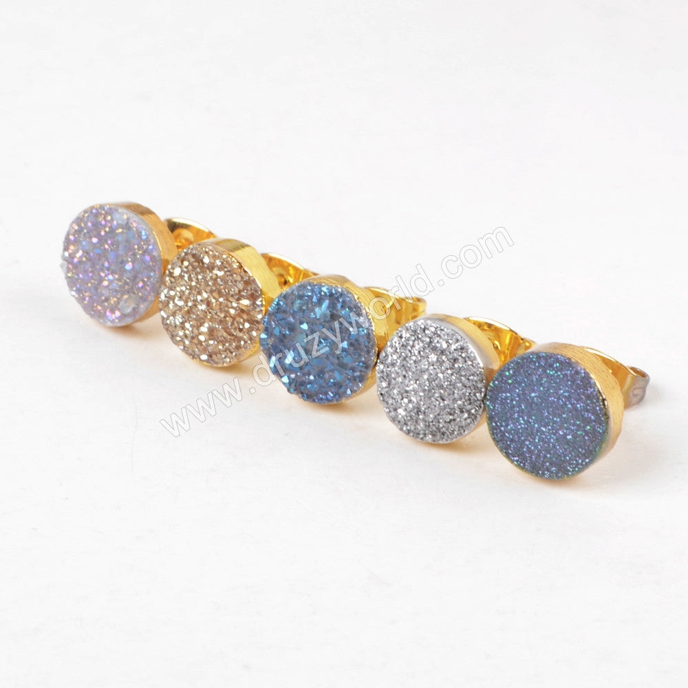 10mm Round Gold Plated Natural Agate Titanium Rainbow Druzy Stud Earrings G1278
