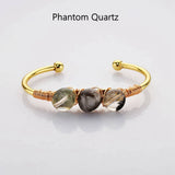 Gold Plated Brass Multi Gemstone Wire Wrap Bangle Bracelet, Healing Crystal Stone Cuff Handmade Boho Jewelry WX2075