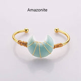 Gold Plated Brass Rainbow Gemstone Crescent Moon Wire Wrap Bangle Bracelet Handmade Boho Jewelry WX2074