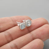 S925 Sterling Silver Round Gemstone Crystal CZ Micro Pave Stud Earrings, Dainty Jewelry SS216ES