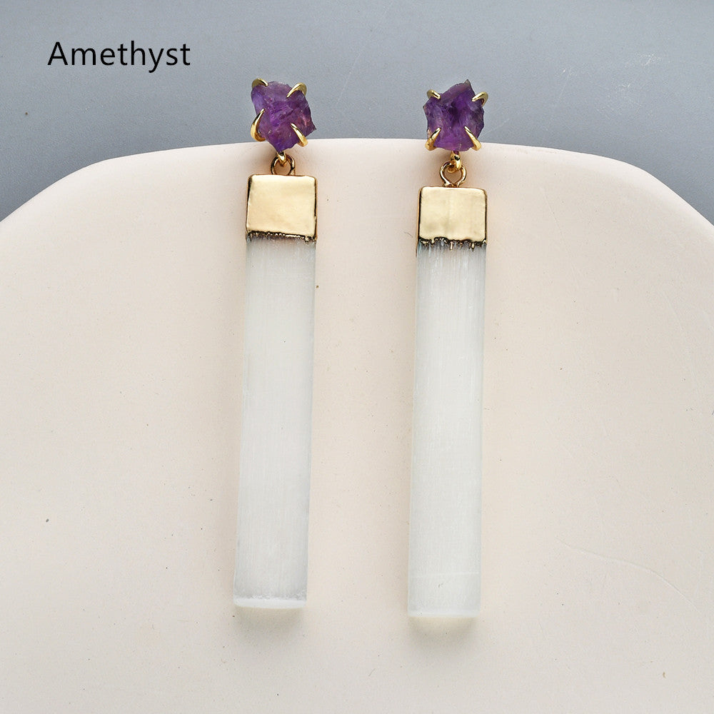 Gold Plated Claw Raw Gemstone Chips & Selenite Bar Stud Earrings, Healing Crystal Stone Jewelry, Boho Earrings ZG0491