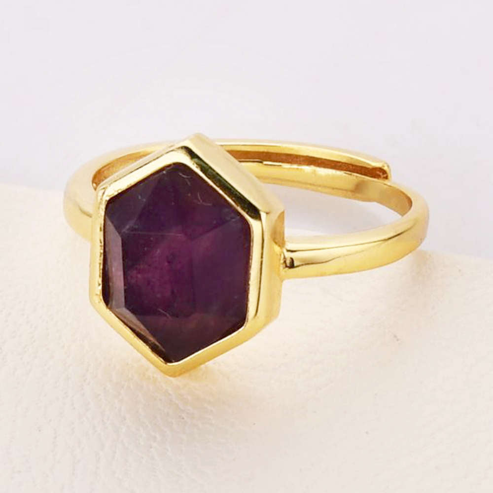 Hexagon Multi Gemstone Faceted Gold Plated Ring, Adjustable, Healing Crystal Jewelry Ring For Women ZG0464