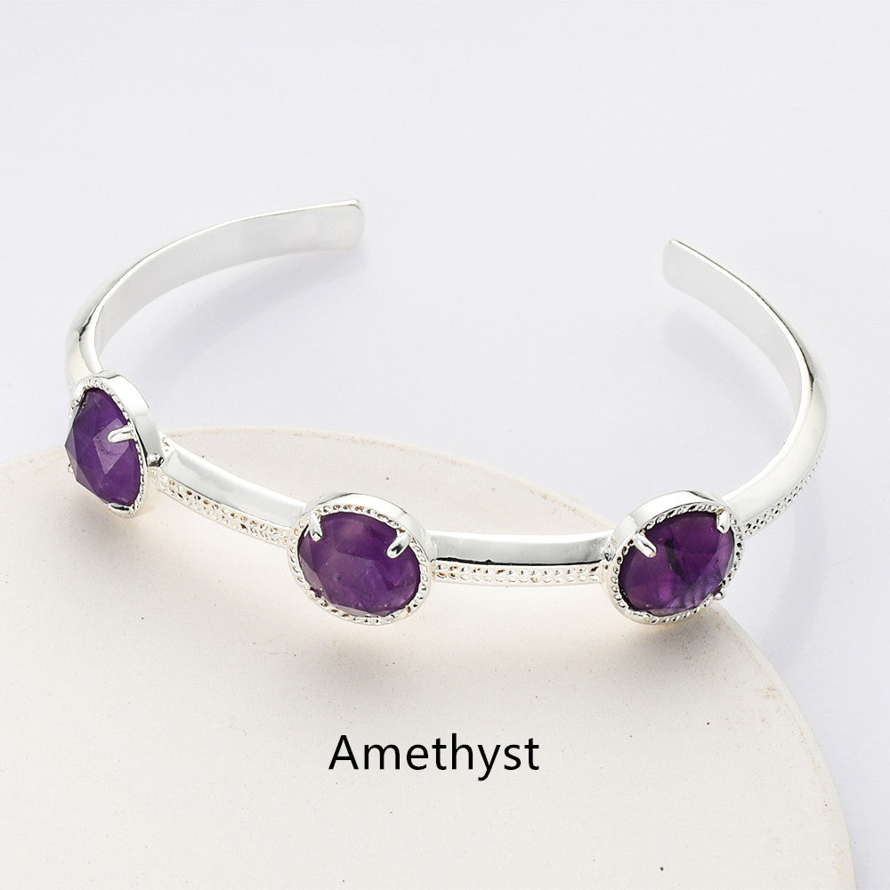 Silver Plated Brass Round Three-Gemstone Faceted Bangle, Healing Crystal Quartz Cuff Bracelet ZS0493