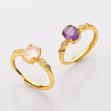 S925 Sterling Silver - Gold Oval Faceted Gemstone CZ Ring, Healing Crystal Jewelry SS207RG
