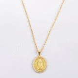 16" Gold Plated CZ Micro Pave Virgin Mary Pendant Necklace WX1594