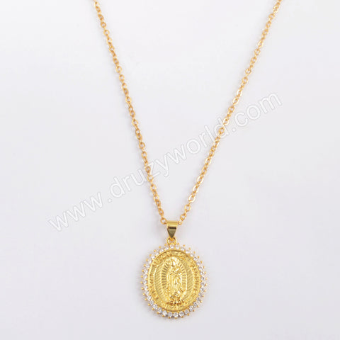 16" Gold Plated CZ Micro Pave Virgin Mary Pendant Necklace WX1594