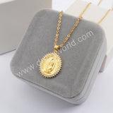 16" Gold Plated CZ Micro Pave Virgin Mary Pendant Necklace WX1594