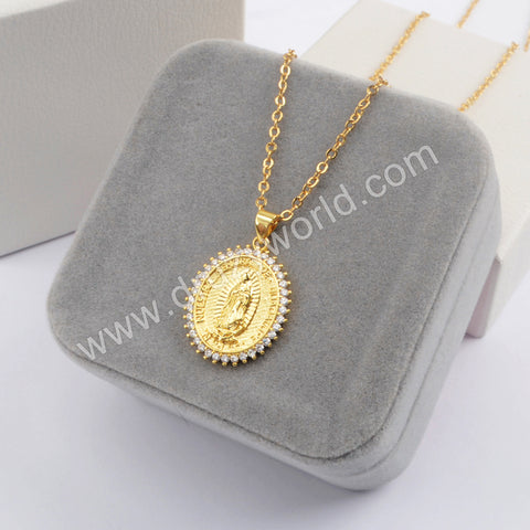 16" Gold Plated CZ Micro Pave Virgin Mary Pendant Necklace WX1594