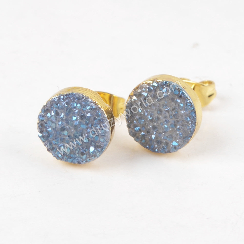 Round Shape Titanium AB Druzy Stud Earrings Gold Plated, 10mm Drusy Crystal Jewelry Earring G1278