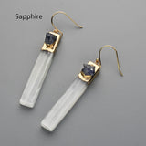 Gold Plated Rectangle Natural Selenite Crystal Earrings, Pave Raw Gemstone Chips, Healing Jewelry, Boho Earrings G2091