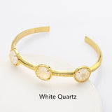 Gold Plated Brass 3-Round-Gemstone Faceted Bangle, Healing Crystal Quartz Cuff Bracelet  ZG0493