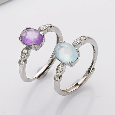 S925 Sterling Silver Oval Faceted Gemstone CZ Ring, Healing Crystal Fashion Jewelry SS207RS