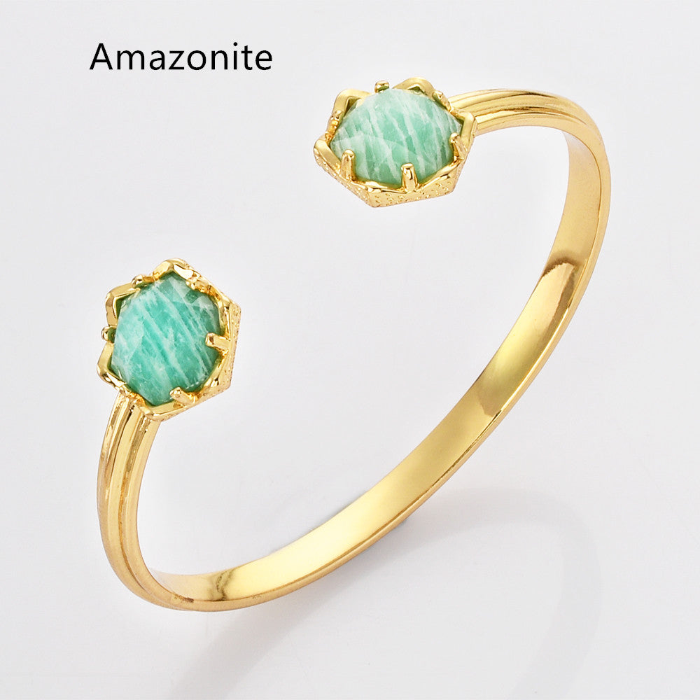 Gold Plated Hexagon Rainbow Gemstone Faceted Claw Bangle, Healing Birthstone Cuff Bracelet Jewelry ZG0496