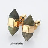 Gold Plated Hexagon Point Natural Gemstone Stud Earrings, Birthstone Earrings, Healing Crystal Stone Post Earrings, Wholesale Supply G2092