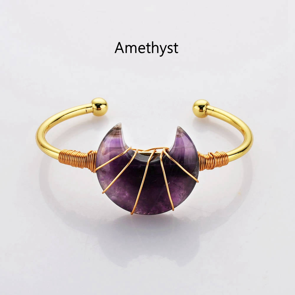 Gold Plated Brass Rainbow Gemstone Crescent Moon Wire Wrap Bangle Bracelet Handmade Boho Jewelry WX2074