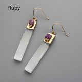 Gold Plated Rectangle Natural Selenite Crystal Earrings, Pave Raw Gemstone Chips, Healing Jewelry, Boho Earrings G2091