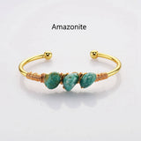Gold Plated Brass Multi Gemstone Wire Wrap Bangle Bracelet, Healing Crystal Stone Cuff Handmade Boho Jewelry WX2075
