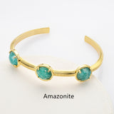 Gold Plated Brass 3-Round-Gemstone Faceted Bangle, Healing Crystal Quartz Cuff Bracelet  ZG0493