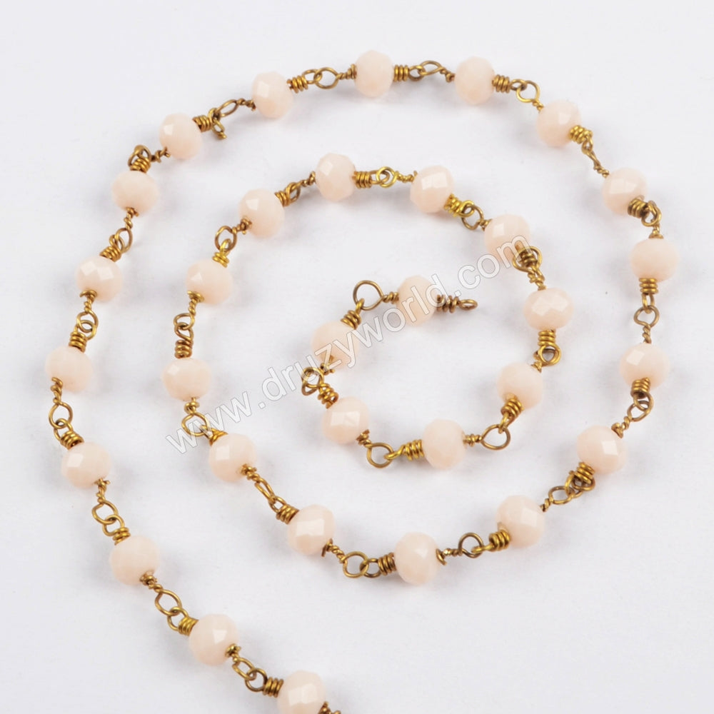 5m/lot,Gold Plated 6mm Cream Crystal Faceted Rosary Chain JT204