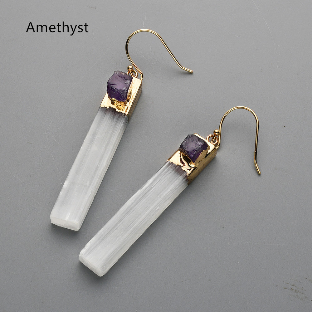 Gold Plated Rectangle Natural Selenite Crystal Earrings, Pave Raw Gemstone Chips, Healing Jewelry, Boho Earrings G2091