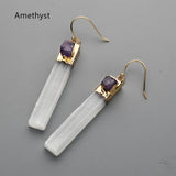 Gold Plated Rectangle Natural Selenite Crystal Earrings, Pave Raw Gemstone Chips, Healing Jewelry, Boho Earrings G2091
