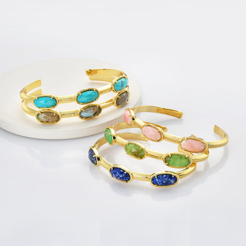 Gold Plated Claw Oval Multi Gemstone Faceted Bangle Bracelet, Healing Stone Cuff Jewelry ZG0494