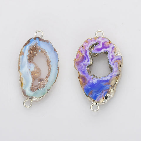 Gold Natural Agate Titanium AB Color Druzy Slice Connector, Freeform Druzy Geode Charm, Making Jewelry G1453