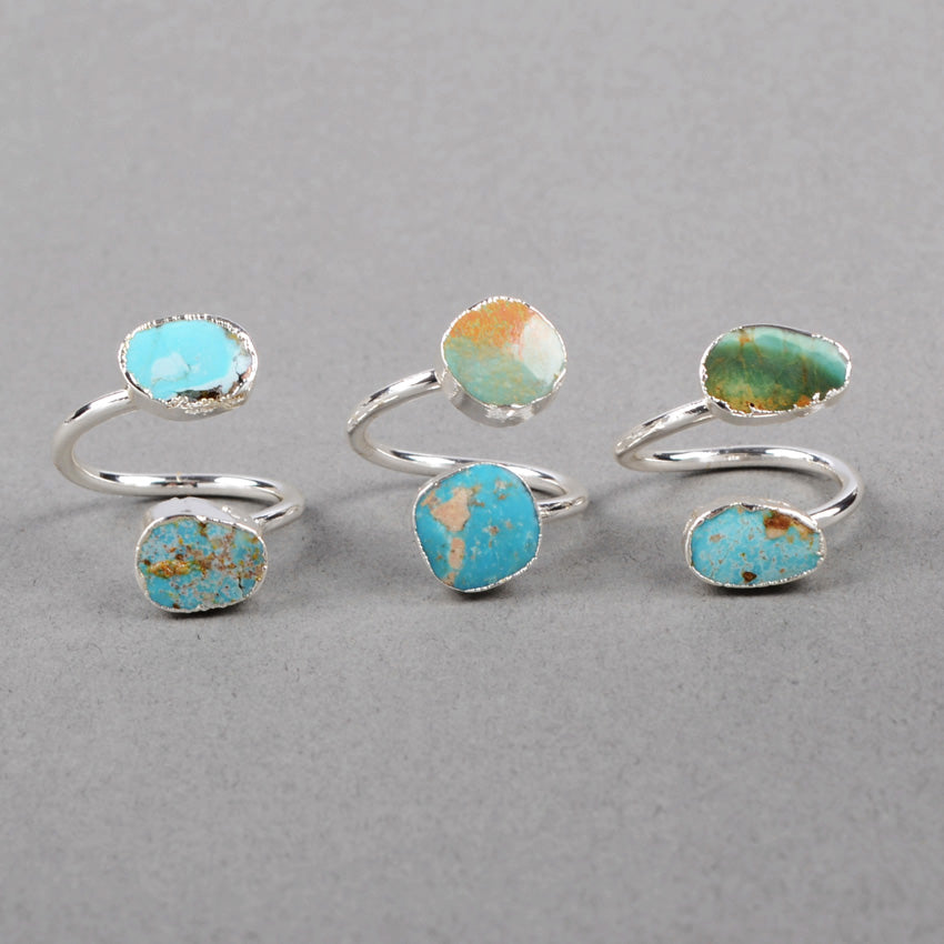 Gold/Silver Plated Natural Turquoise Ring, Double Stones Ring, Adjustable, Healing Gemstone Jewelry G0183